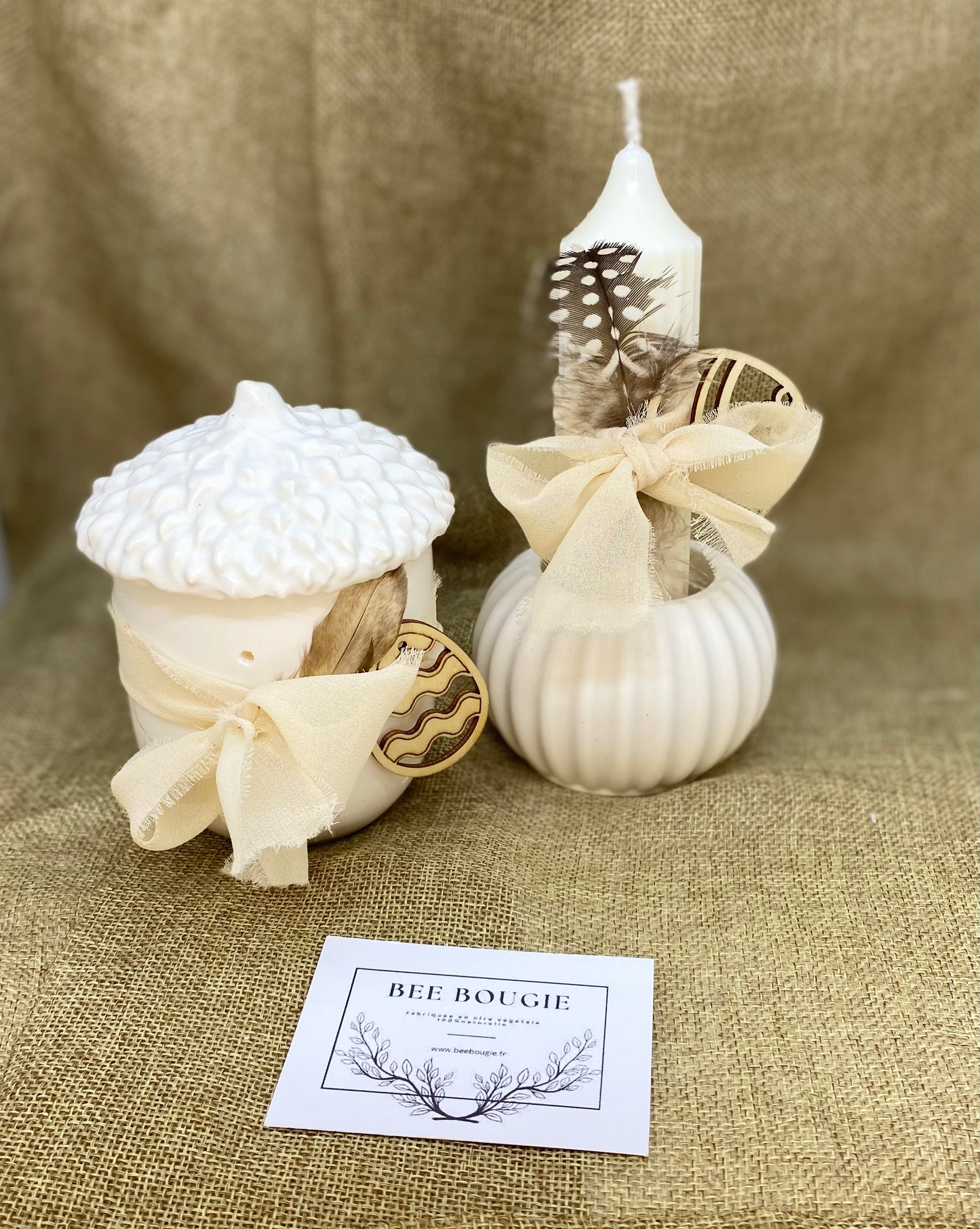 Bougie cierge - cire de colza - bougeoir rond en jesmonite